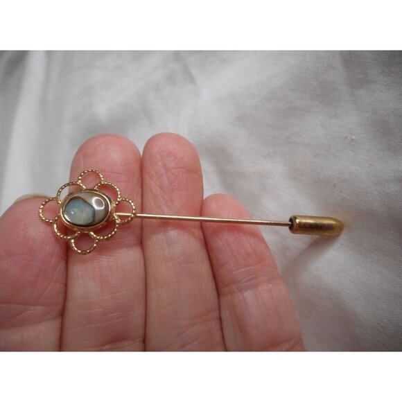 Unknown Jewelry - Vtg 1980s Stick Pin Abalone Opal Gold Tone Hat Lapel Estate Brooch costume